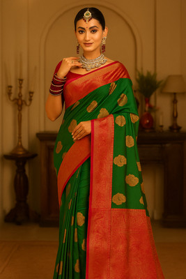 banalata fashion Printed Banarasi Georgette Saree(Dark Green, Red)