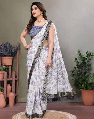 YASHIKA Printed Bollywood Georgette, Lace Saree(Grey)