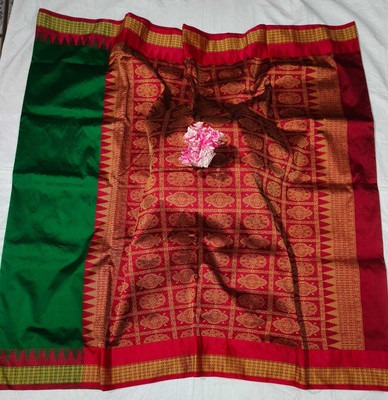 LYANNA Solid/Plain, Temple Border Sambalpuri Handloom Art Silk Saree(Green)