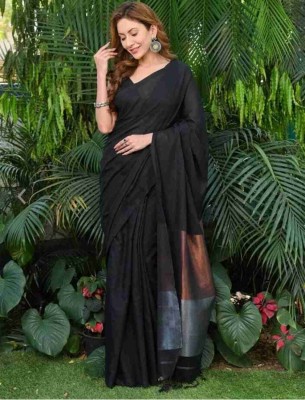 Sandhyatara Solid/Plain Handloom Pure Cotton Saree(Black)