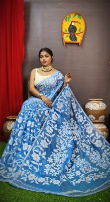 bongstyle Woven Jamdani Cotton Silk Saree(Blue)