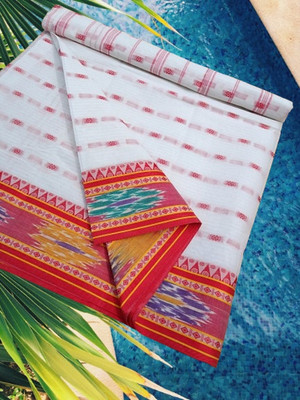 Kanokanjoli Woven Tant Cotton Blend Saree(White)