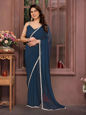 HIJA TRENDZ Solid/Plain Bollywood Georgette Saree(Blue)