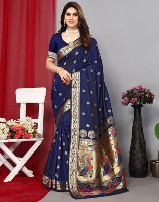 Satrani Woven, Embellished, Self Design Paithani Silk Blend, Jacquard Saree(Dark Blue)