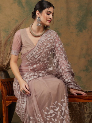 Sangria Embroidered Kalamkari Net Saree(Beige)