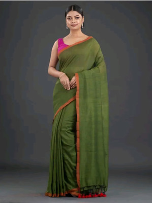 SOUMEN CREATION Solid/Plain Chanderi Handloom Cotton Blend Saree(Dark Green)
