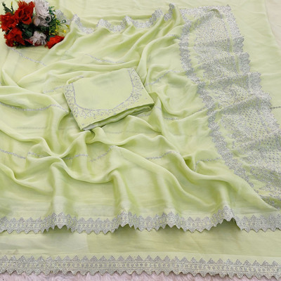 HouseOfCommon Embroidered Bollywood Pure Silk Saree(Light Green)