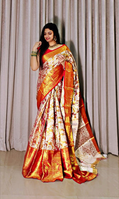 Bansari Textiles Self Design, Embellished, Printed, Woven, Temple Border Banarasi Jacquard, Cotton Jute Saree(Maroon)