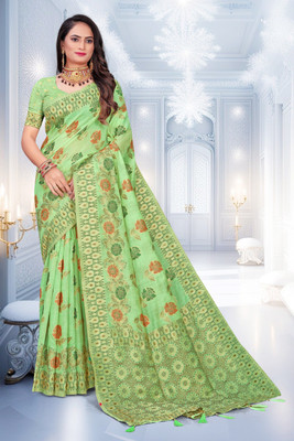 NANDKUMAR TRENDS Woven, Self Design Banarasi Cotton Linen Saree(Light Green)
