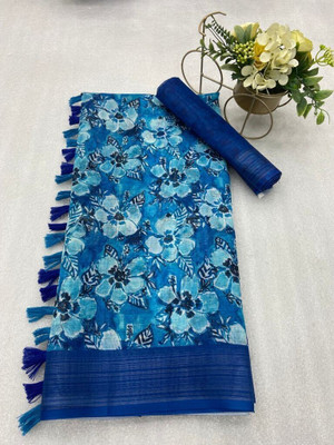 SJY Digital Print Bollywood Linen Saree(Blue)
