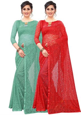 LOROFY Embellished Bollywood Net Saree(Pack of 2, Multicolor)
