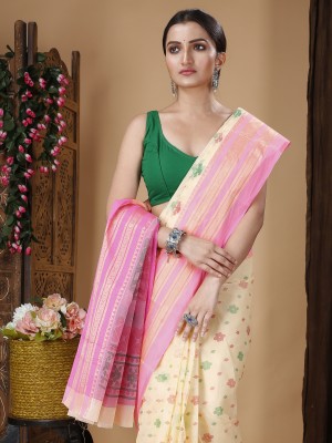 DipDiya Hand Painted Tant Pure Cotton Saree(Pink)