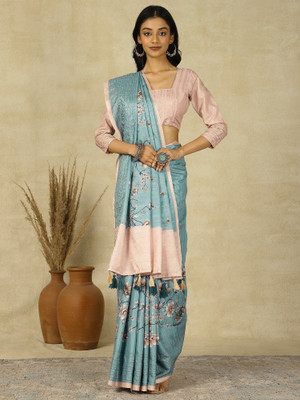 Sangria Printed Banarasi Silk Blend Saree(Light Blue)