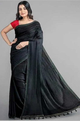 Maku Solid/Plain Tant Pure Cotton Saree(Black)