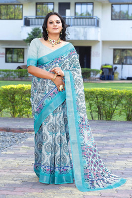 HIYAMI Printed Bollywood Cotton Linen Saree(Light Blue)