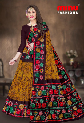 Minu Fashion Printed Hand Batik Pure Cotton Saree(Maroon, Yellow)
