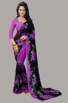 YASHIKA Floral Print Daily Wear Georgette Saree(Purple, Black)