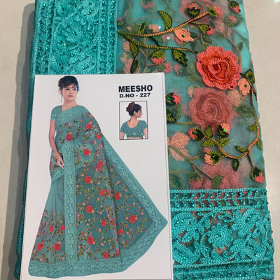 Myra Collection Embroidered Bollywood Net Saree(Light Blue)