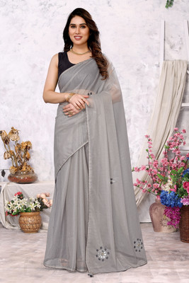FABMORA Embroidered, Embellished Bollywood Net Saree(Grey)
