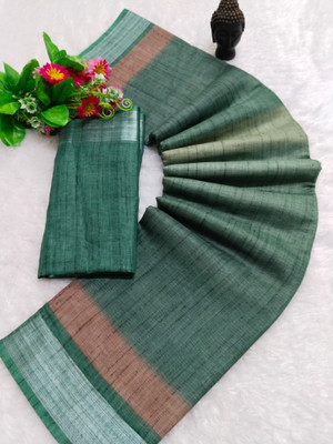 PRTRENDZ Printed Kanjivaram Linen, Cotton Linen Saree(Green, Multicolor)