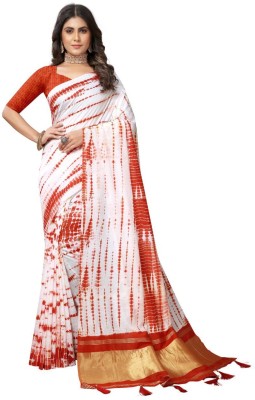 G Mour Printed Bollywood Cotton Silk Saree(White, Orange)