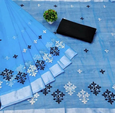 valida Embroidered Chanderi Cotton Linen Saree(Light Blue)