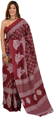 DASTKARPRINT Printed, Color Block, Blocked Printed, Floral Print, Dyed Daily Wear Pure Cotton Saree(Maroon)