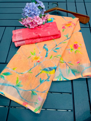 HouseOfCommon Digital Print Bollywood Linen, Cotton Linen Saree(Orange)
