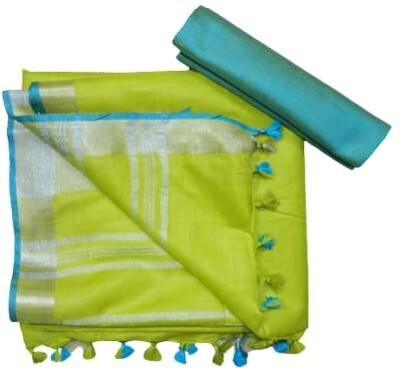 Aamir Fashion Textile Solid/Plain Bhagalpuri Handloom Cotton Linen Saree(Light Green)