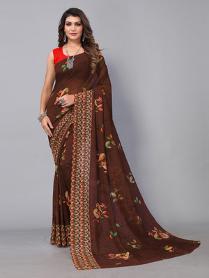 Saanjh Floral Print Saree with Attached Blouse Georgette Saree(Brown)