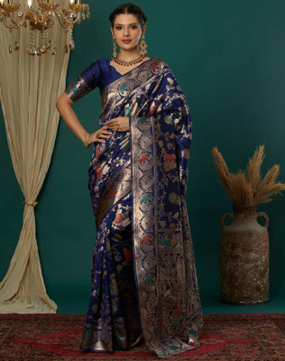 SIRIL Woven, Embellished Kanjivaram Silk Blend, Jacquard Saree(Blue)