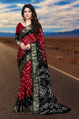 Shivaarya Floral Print Bandhani Cotton Silk Saree(Black)