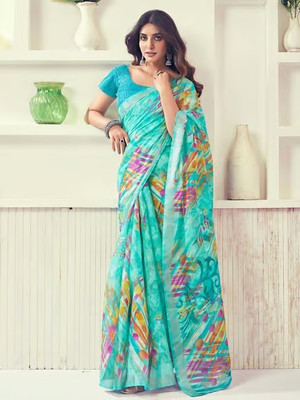 sareezaatrendz Printed Daily Wear Cotton Linen Saree(Light Green)