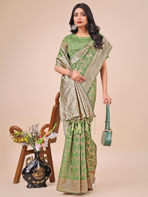 Tasrika Self Design Kanjivaram Cotton Linen Saree(Green)