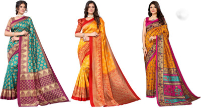 ANIRAV Woven Bhagalpuri Art Silk Saree(Pack of 3, Blue, Yellow)
