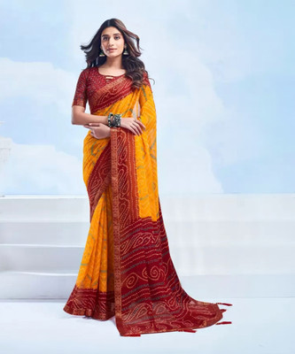 Sudarshana Printed Bandhani Chiffon Saree(Yellow, Maroon)