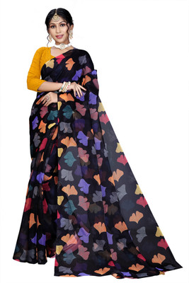 Pemal Designer Digital Print Bollywood Organza Saree(Black)