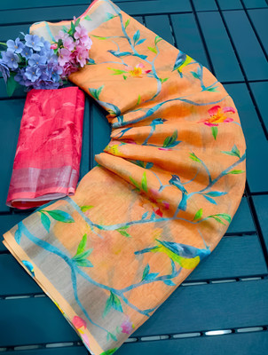 VCREATION Digital Print Bollywood Cotton Linen Saree(Orange)