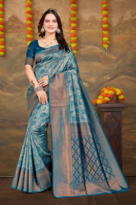HouseOfCommon Woven Kanjivaram Pure Silk, Silk Blend Saree(Light Blue)