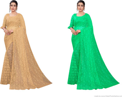 Nilkanthvarni Creation Self Design Bollywood Net Saree(Pack of 2, Beige, Light Green)