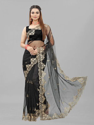 Yashvi Designer Embroidered Bollywood Net Saree(Black)