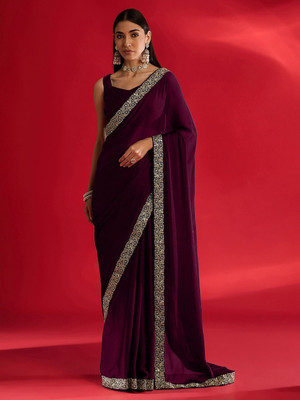 Paramparik Textile Embroidered Bollywood Satin Saree(Purple)