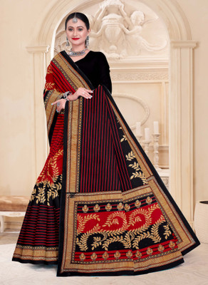 LYNETH Polka Print Sambalpuri Pure Cotton Saree(Black, Red, Gold)