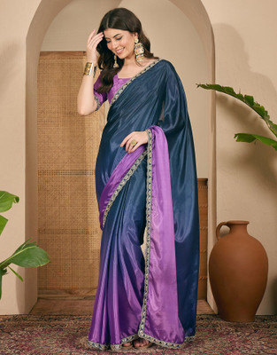 Satrani Embellished, Solid/Plain, Self Design Bollywood Cotton Silk Saree(Blue, Purple)