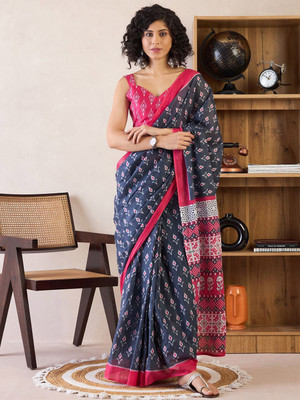 Anouk Rustic Printed Pre Draped Saree Cotton Blend Saree(Grey)