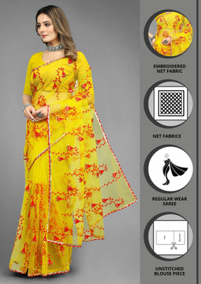 Yashakti Designer Embroidered Bollywood Net Saree(Yellow)