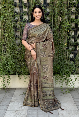 Pranamita Geometric Print Bollywood Silk Blend Saree(Green)