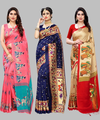 Priyashi Printed, Self Design Mysore Art Silk Saree(Pack of 3, Pink)