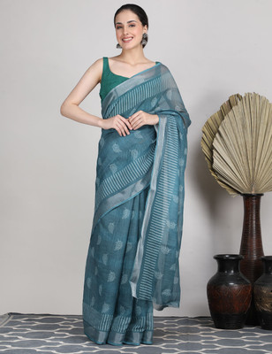 Tantvi Printed Handloom Cotton Linen Saree(Green)