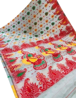 Happy Creation Woven Jamdani Handloom Cotton Blend Saree(White)